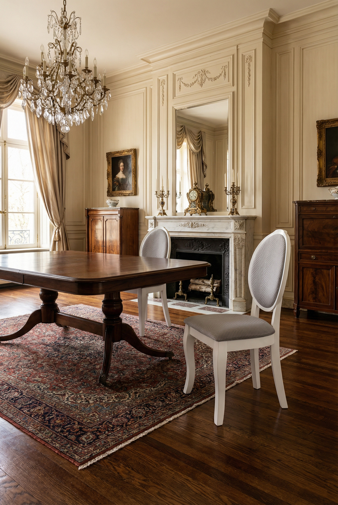 Aranżacja wnętrza z białym krzesłem klasycznym stylowym Kitro