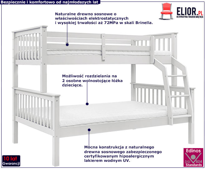 Białe drewniane łóżko piętrowe dla dzieci Toca 3X