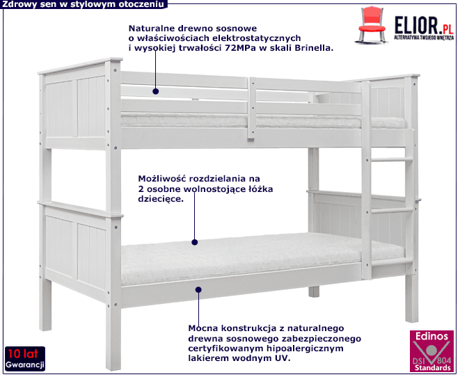 Białe piętrowe rozkładane łóżko sosnowe Isadora 4X