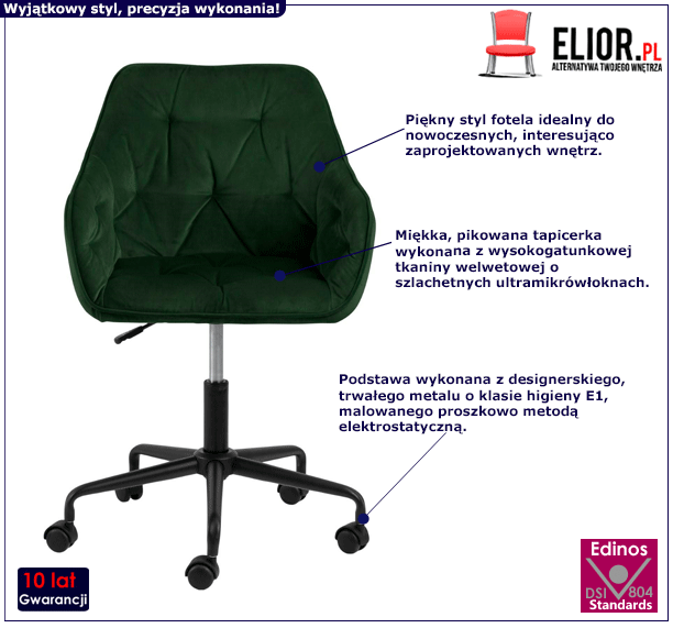 Welwetowy fotel Mariel - ciemnozielony biurowy