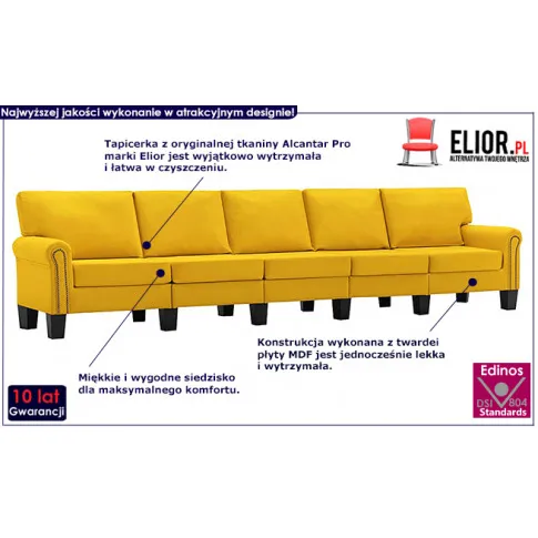 Dekoracyjna 5-osobowa żółta sofa Alaia 5X
