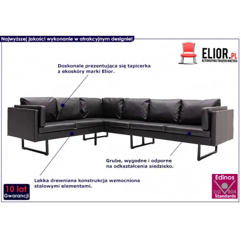 7-osobowa czarna sofa narożna, ekoskóra, Sirena 2X