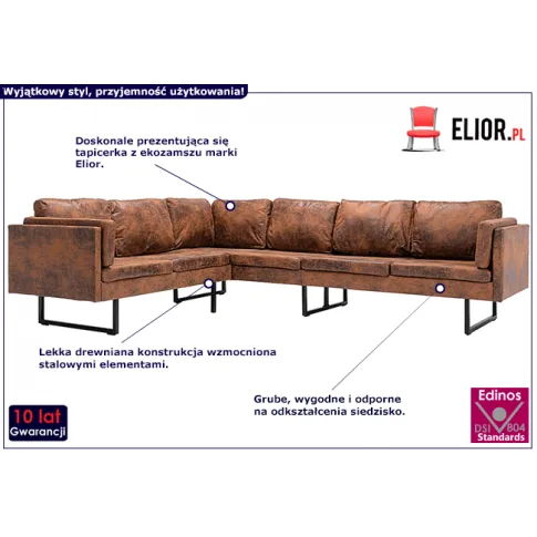 Brązowa sofa narożna z ekozamszu Sirena 2X