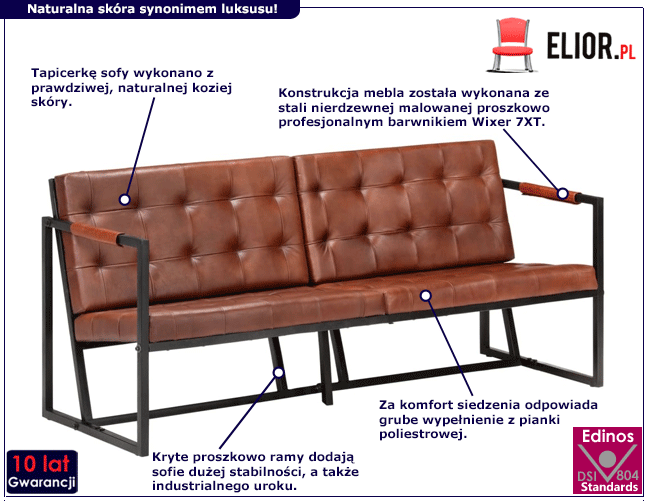 Produkt Brązowa sofa 3-osobowa ze skóry koziej – Merry 