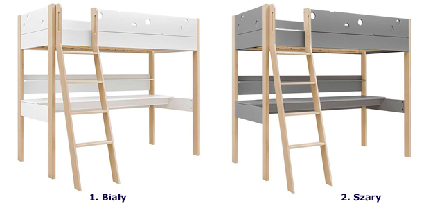 Kolorystyka drewnianego podniesionego łóżka z biurkiem  Erno 4X