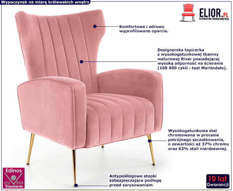 Nowoczesny różowy fotel w stylu glamour Marson