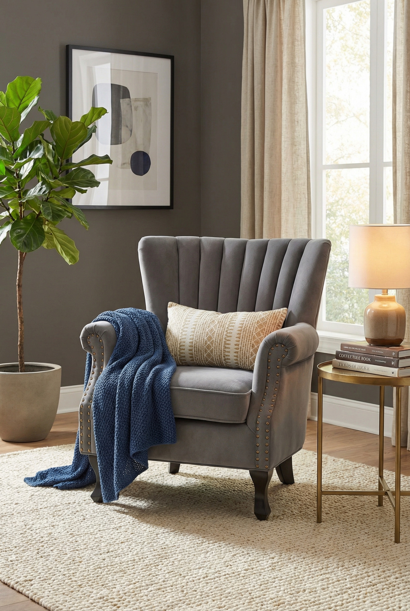 Wnętrze z szarym fotelem welurowym Lorus