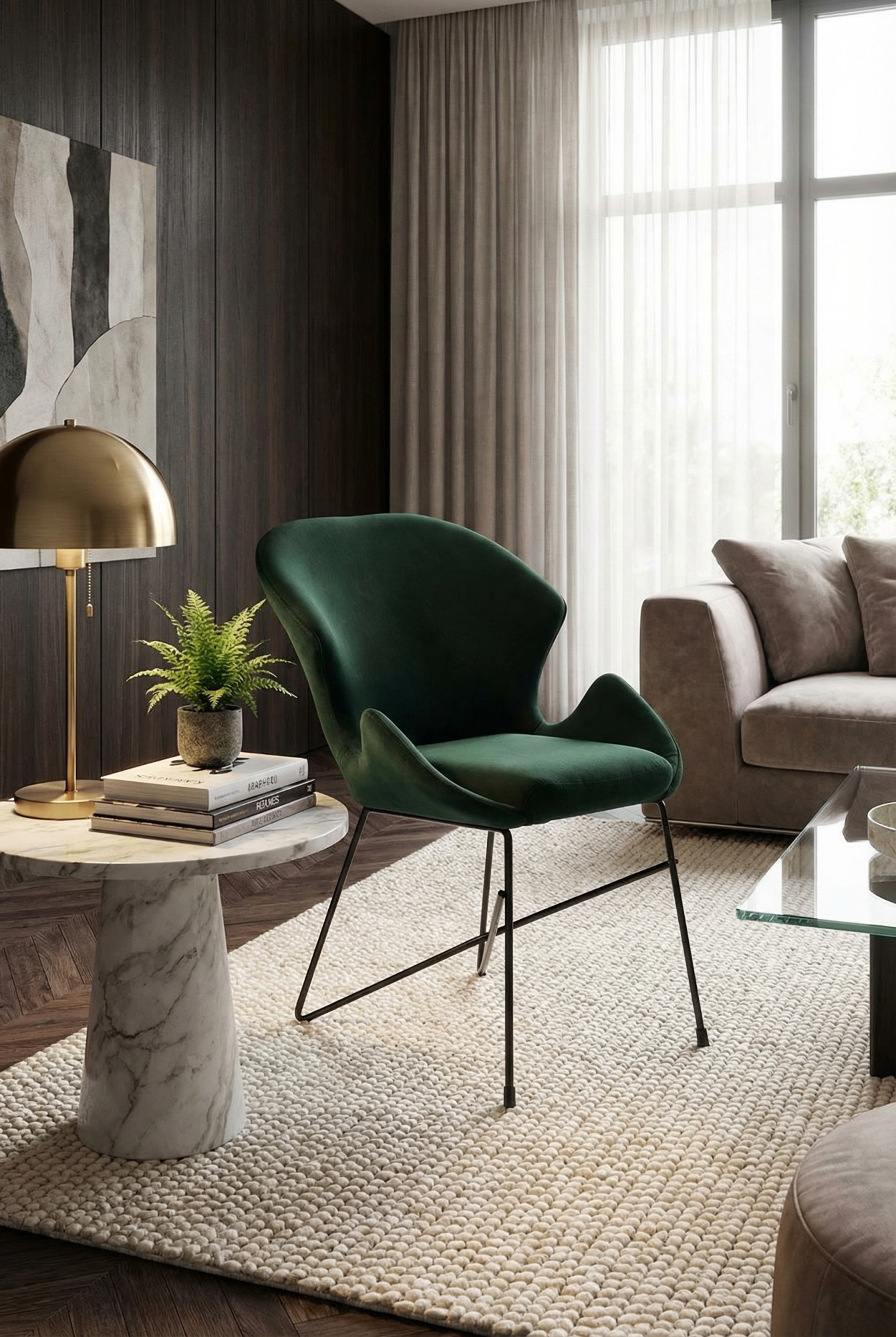 Wnętrze z wykorzystaniem nowoczesnego zielonego krzesła Anselm 2X