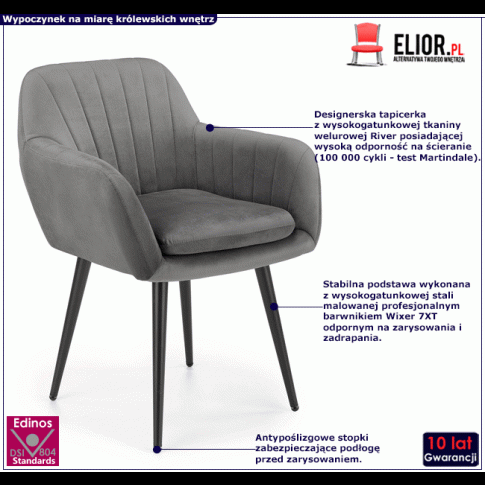 Nowoczesne tapicerowane welurem krzesło Mides szare