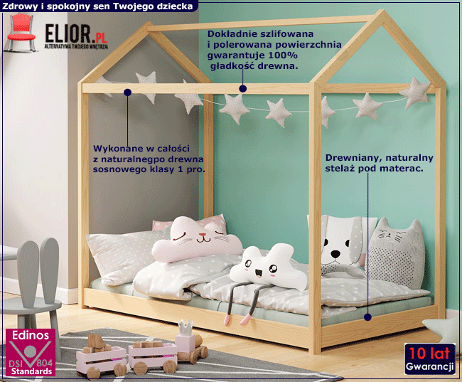 Sosnowe pojedyncze łóżko dziecięce w formie domku Hider