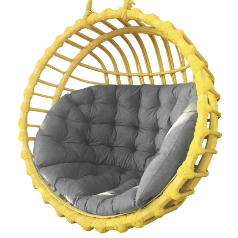 Żółty okrągły wiszący fotel wiklinowy z szarą poduszką Petro 2X