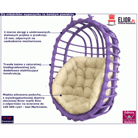 Fioletowy wiklinowy fotel wiszący z kremową poduszką Petro 3X