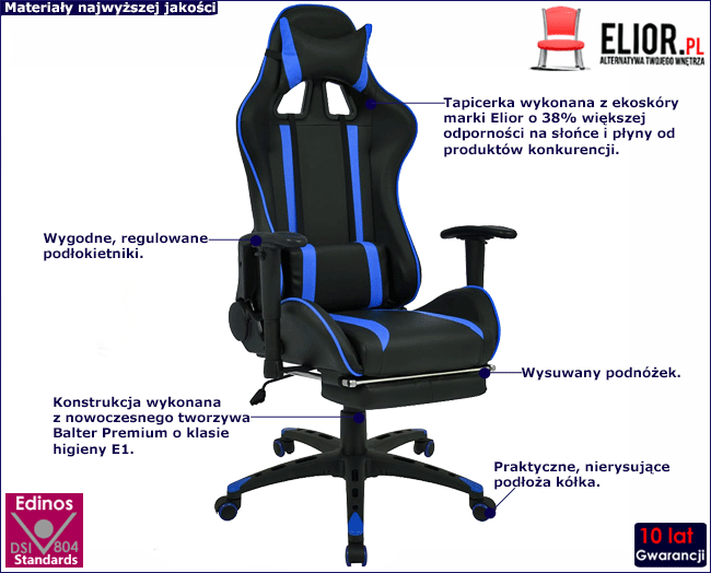Produkt Czarno-niebieski gamingowy fotel z podnóżkiem - Wilano