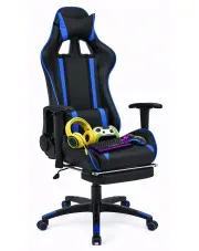 Czarno-niebieski gamingowy fotel z podnóżkiem - Wilano w sklepie Edinos.pl