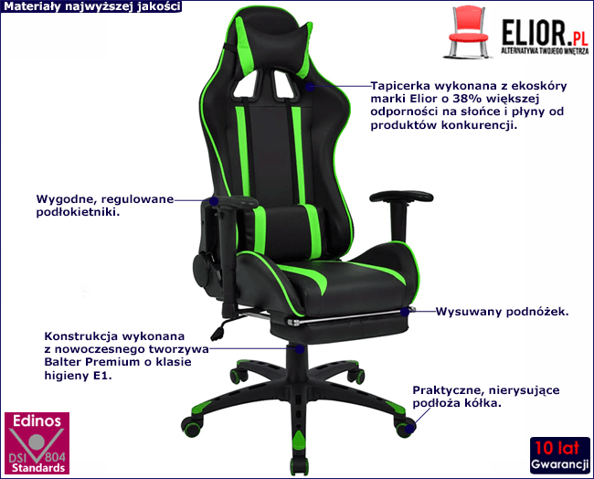 Produkt Czarno-zielony fotel gamingowy z podnóżkiem - Wilano