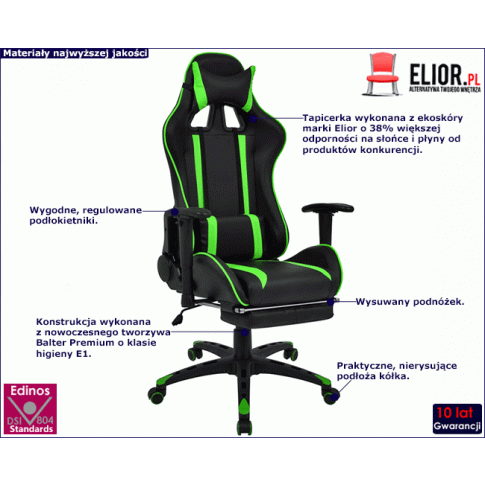 Czarno zielony fotel gamingowy z podnozkiem Coriso 2X