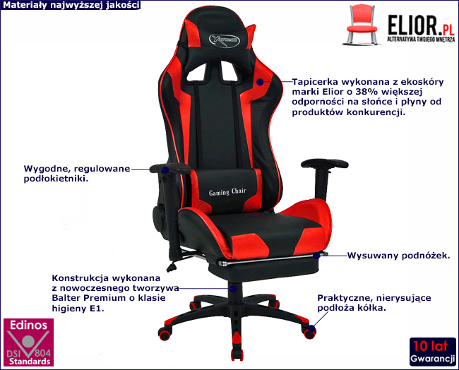 Produkt Czarno-czerwony fotel gamingowy z podnóżkiem - Gilvo