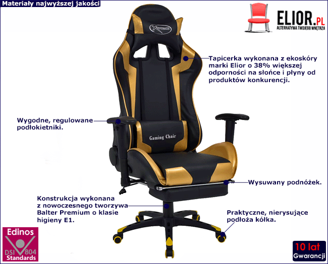 Produkt Czarno-złoty fotel gamingowy regulowany - Gilvo