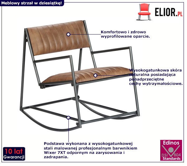 Fotel bujany jasny brąz skóra naturalna stal Ruli