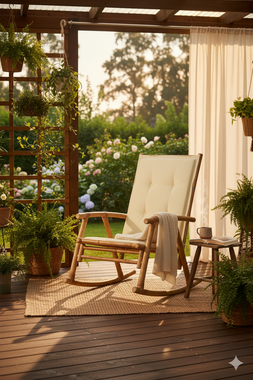 Aranżacja tarasu z bambusowym fotelem bujanym - Stella