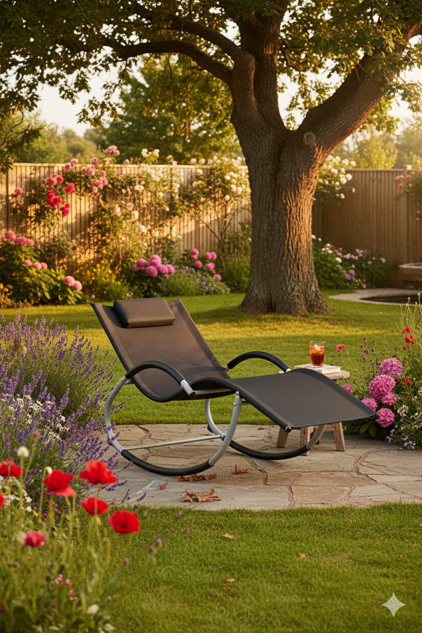 Aranżacja ogrodu z leżakiem ogrodowym bujanym - Robzen