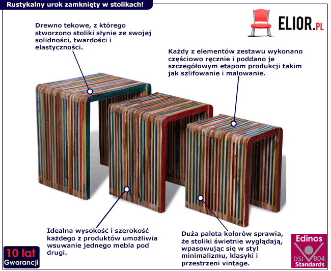 Produkt 3 kolorowe stoliki z drewna tekowego – Liesse