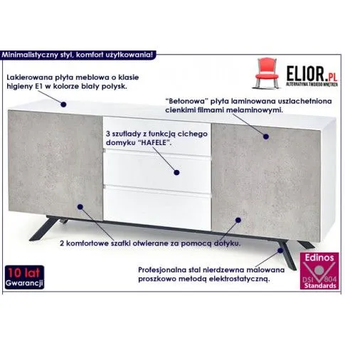 Fotografia Minimalistyczna komoda Monati 3X - biały połysk + beton z kategorii Komody