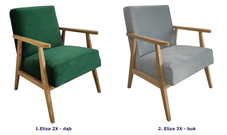 Dostepne wersje fotela w stylu PRL z serii Eliza