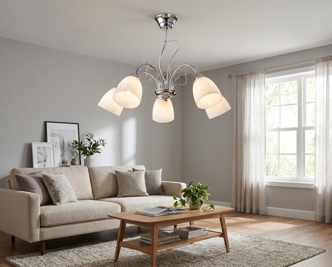 Aranżacja salonu z żyrandolem z 5 szklanymi kloszami S121-Ferva