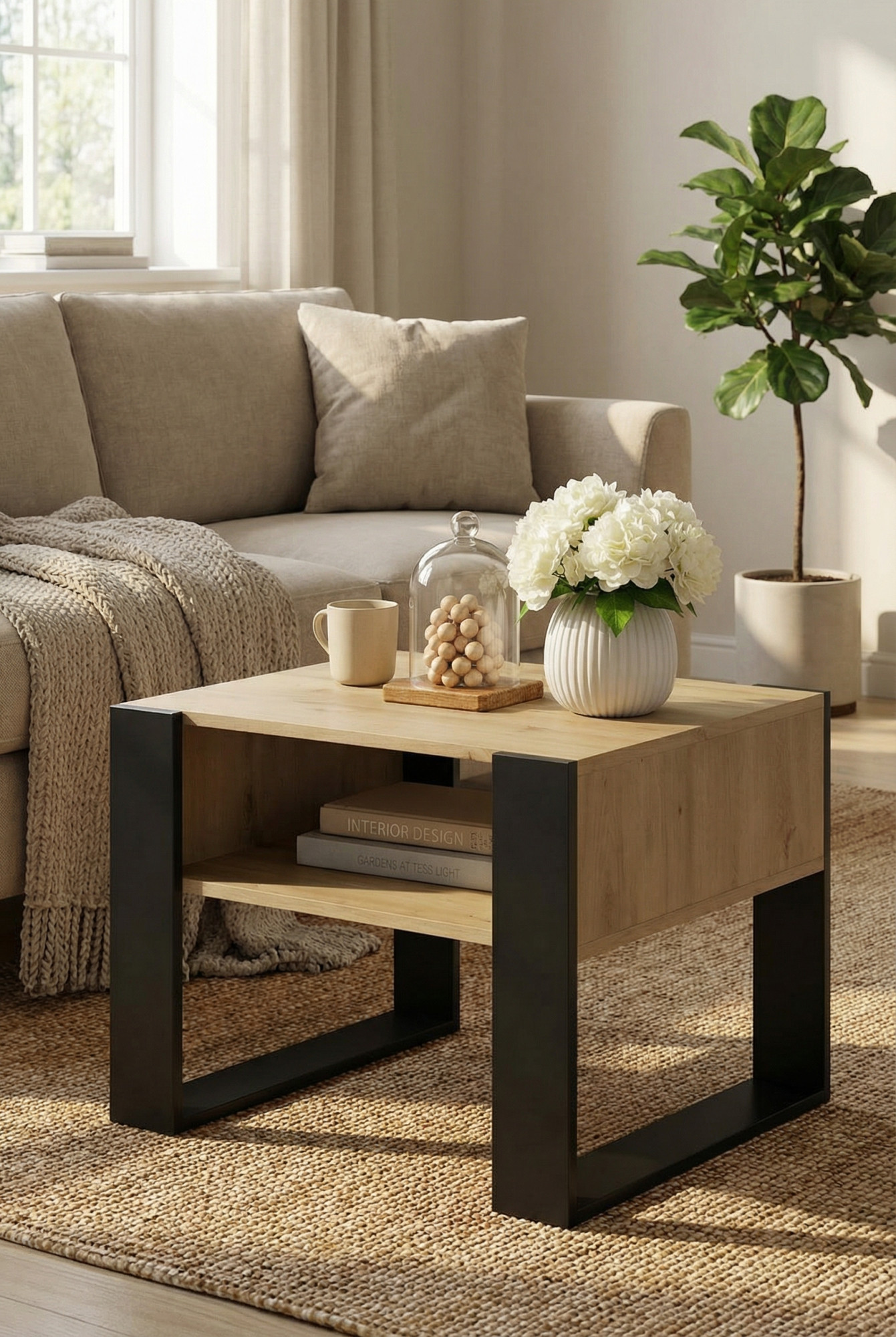 Wnętrze z wykorzystaniem stolika kawowego z półką dąb artisan + czarny Martela