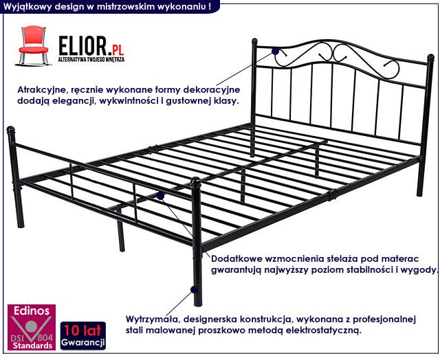 Czarne metalowe łóżko 160x200 Inello 3X