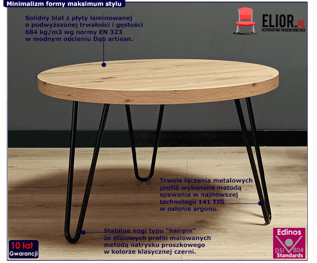 Loftowy stolik kawowy hairpin legs dąb artisan Juno 2X