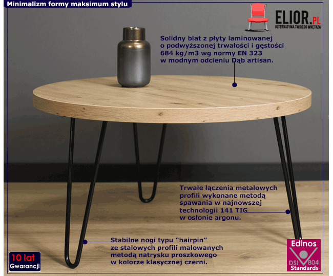 Loftowy stolik kawowy hairpin legs dąb artisan Juno 3X