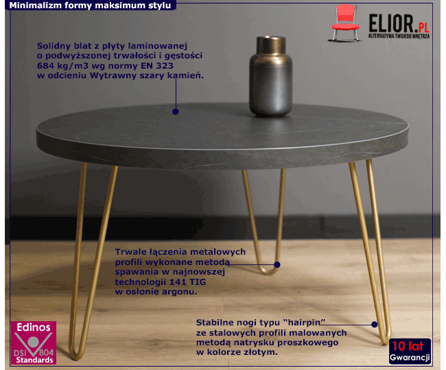 Loftowy stolik kawowy hairpin legs złoty + szary kamień Juno 3X