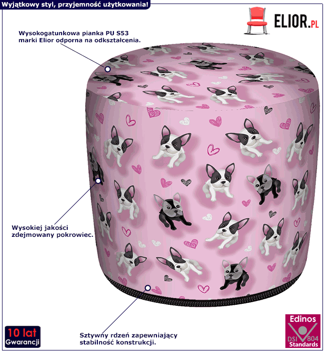 Okrągła tapicerowana różowa pufa do pokoju dziecięcego Audrey