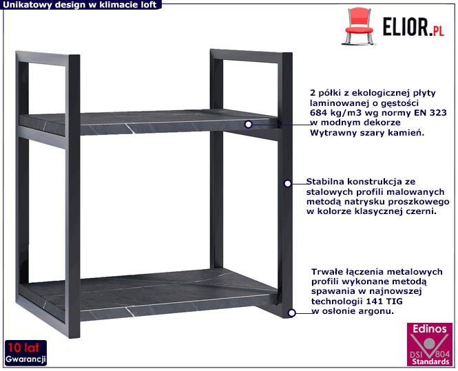 Minimalistyczna metalowa półka ścienna z blatem wytrawny szary kamień Lunes 2X