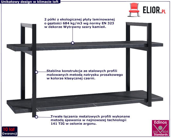 Minimalistyczna metalowa półka ścienna z blatem wytrawny szary kamień Lunes 3X