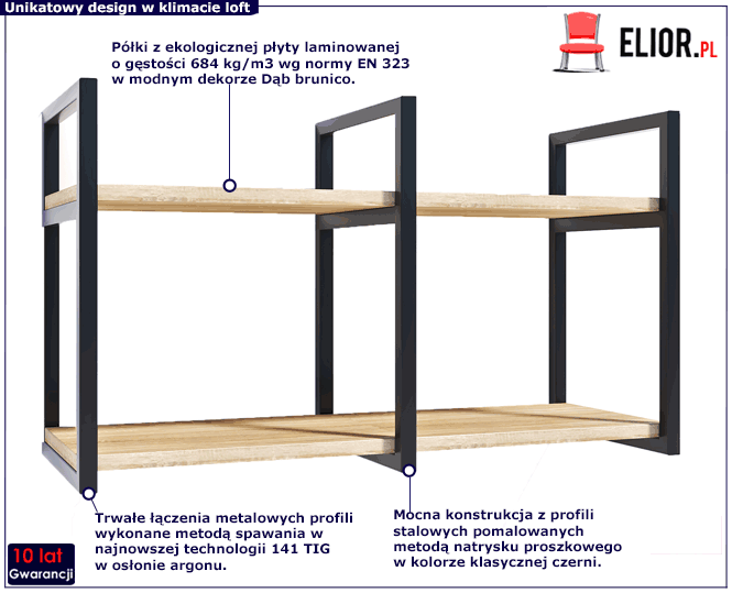 Loftowa metalowa półka ścienna z blatem dąb brunico Lunes 5X