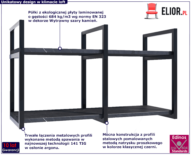 Loftowa metalowa półka ścienna z blatem wytrawny szary kamień Lunes 5X