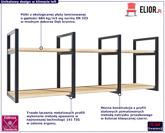 Loftowa metalowa półka ścienna z blatem dąb brunico Lunes 6X