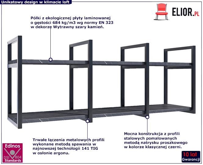 Loftowa metalowa półka ścienna z blatem wytrawny szary kamień Lunes 6X