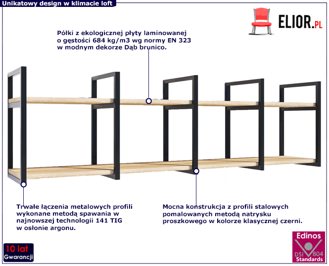 Loftowa metalowa półka ścienna z blatem dąb brunico Lunes 8X