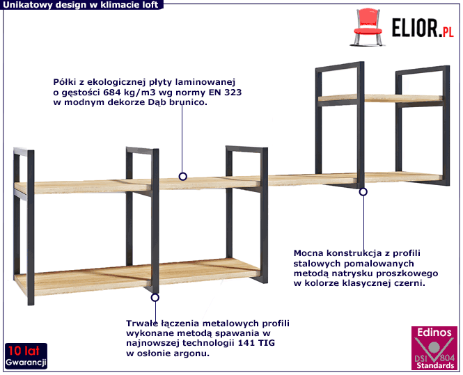 Loftowa metalowa półka ścienna z blatem dąb brunico Zewa 9X