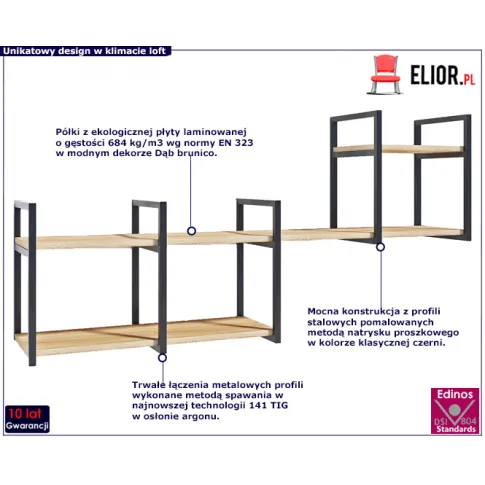 Czarna loftowa półka ścienna z pólkami dąb brunico Lunes 9X