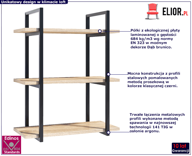 Loftowy metalowy regał ścienny z blatami dąb brunico Lunes 12X