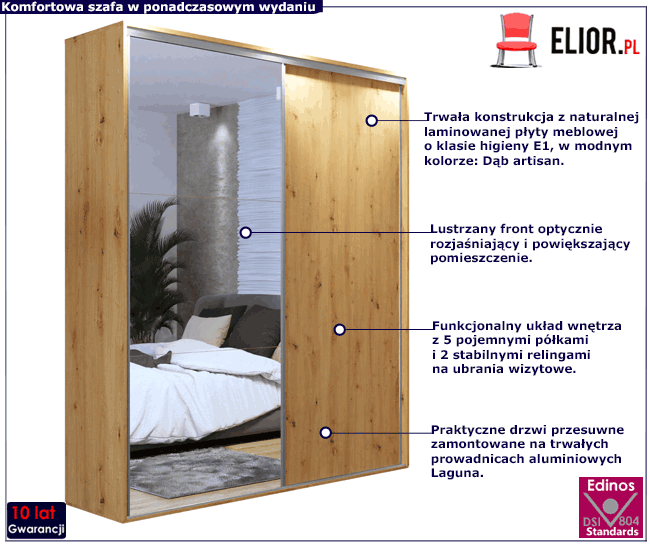 Nowoczesna szafa przesuwna dąb artisan z lustrem 200 cm Savona 3X