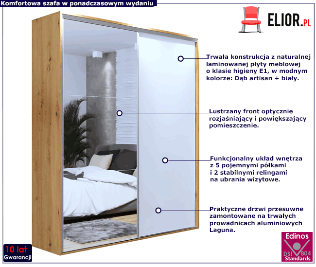 Szafa przesuwna dąb artisan + biały z lustrem 200 cm Savona 3X