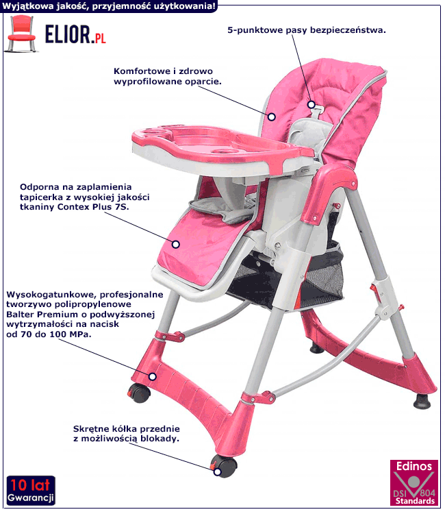 Różowe regulowane nowoczesne krzesełko do karmienia dziecka Lambi