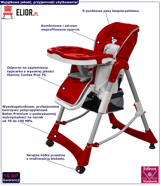 Czerwone regulowane nowoczesne krzesełko do karmienia dziecka Lambi
