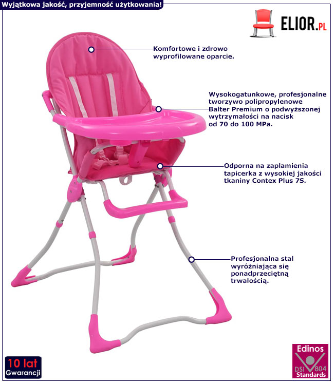 Różowe regulowane krzesełko do karmienia dzieci Hikko